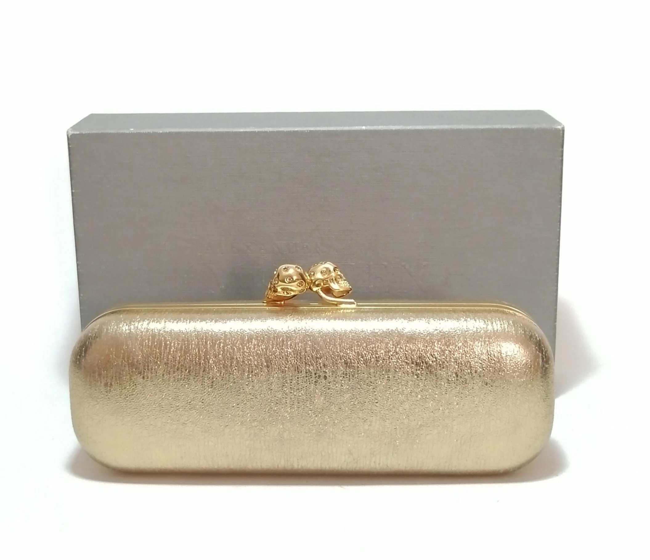 Alexander McQueen Gold Foil Leather Twin Skull Clutch | Pre Loved |