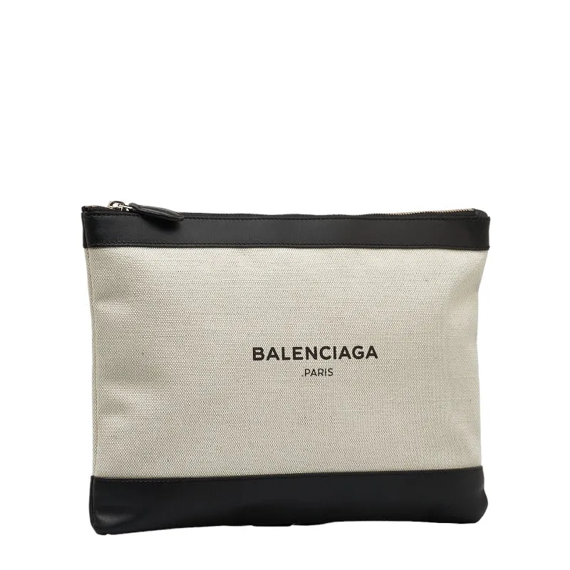 Balenciaga Canvas Leather Logo Navy Clip M Clutch Bag
