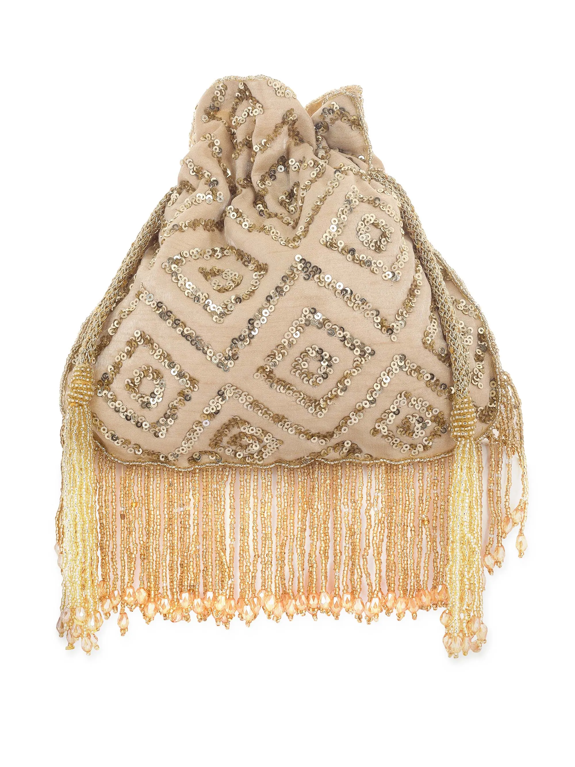 Beige Rhombus Sparkle Potli With Crystal Tassels
