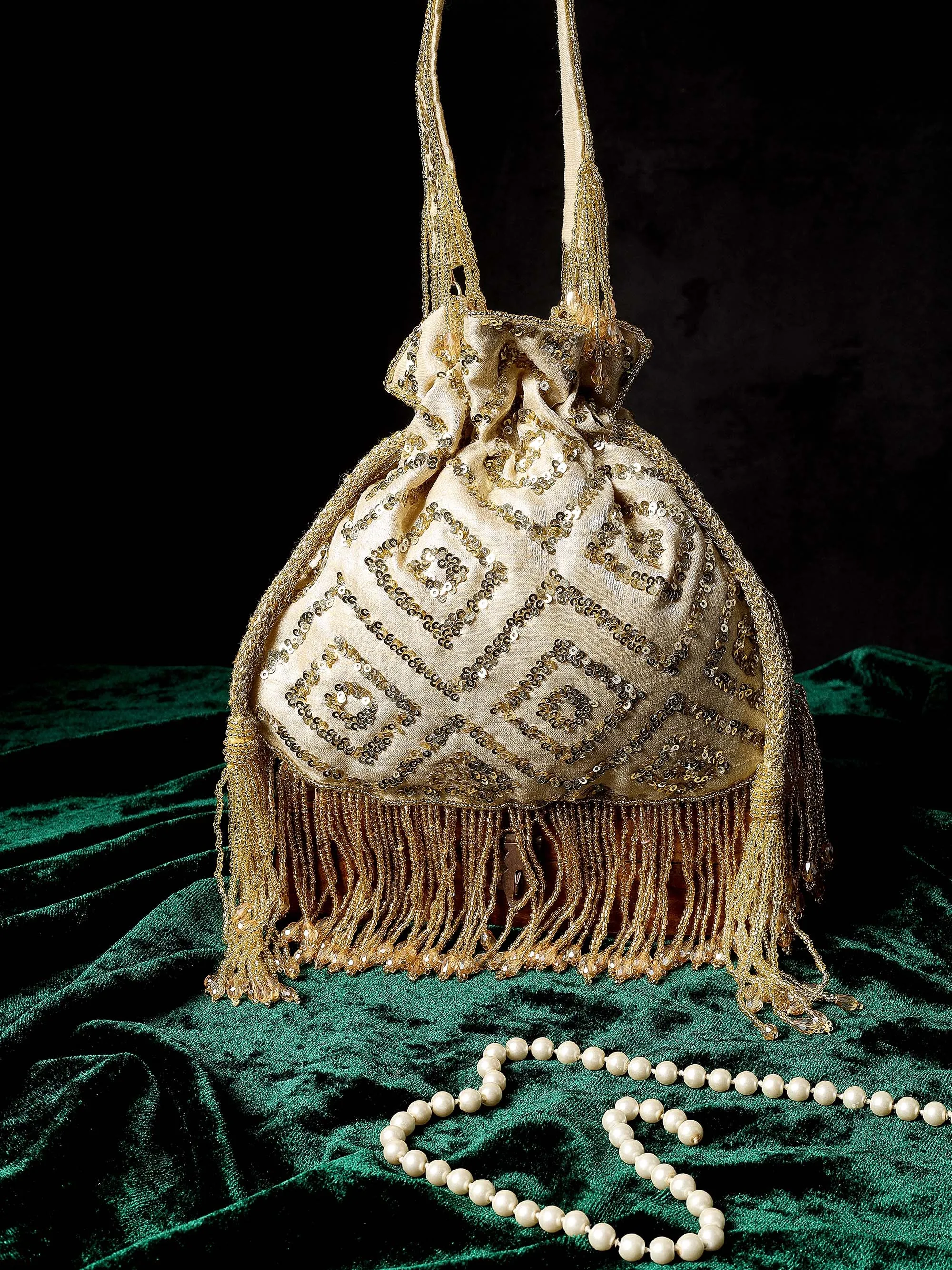 Beige Rhombus Sparkle Potli With Crystal Tassels
