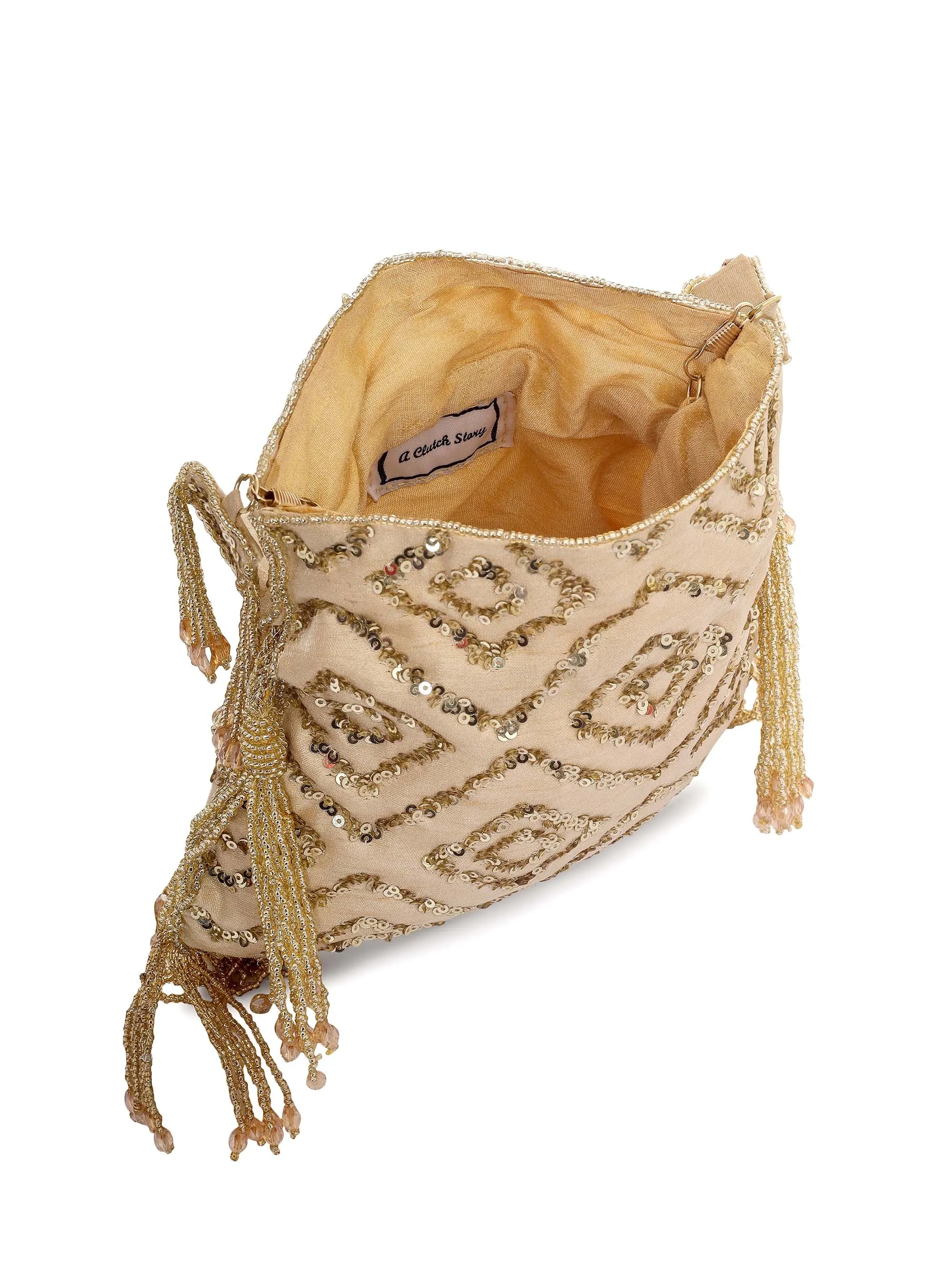 Beige Rhombus Sparkle Potli With Crystal Tassels