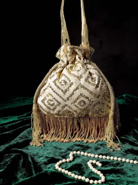 Beige Rhombus Sparkle Potli With Crystal Tassels