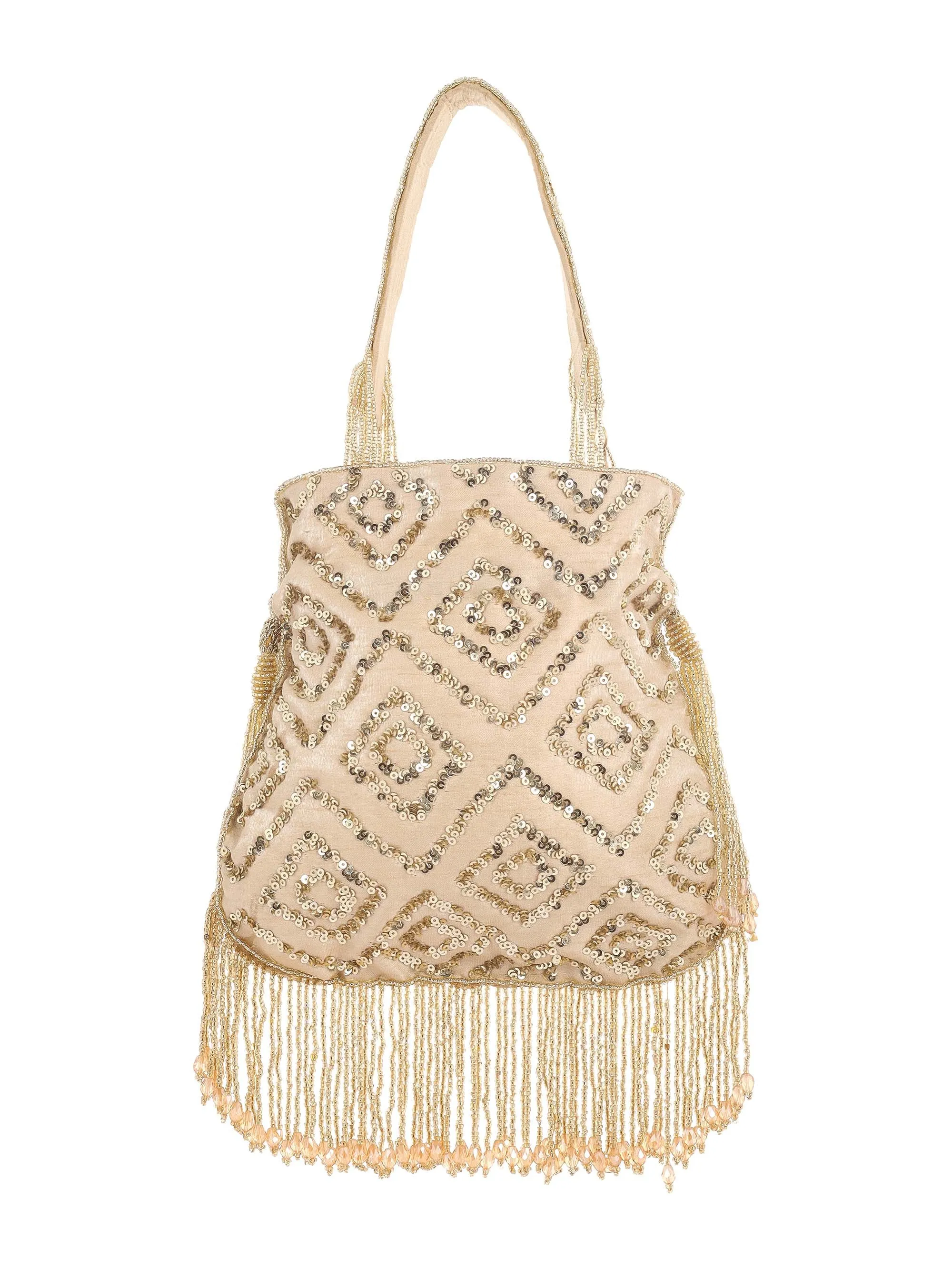 Beige Rhombus Sparkle Potli With Crystal Tassels