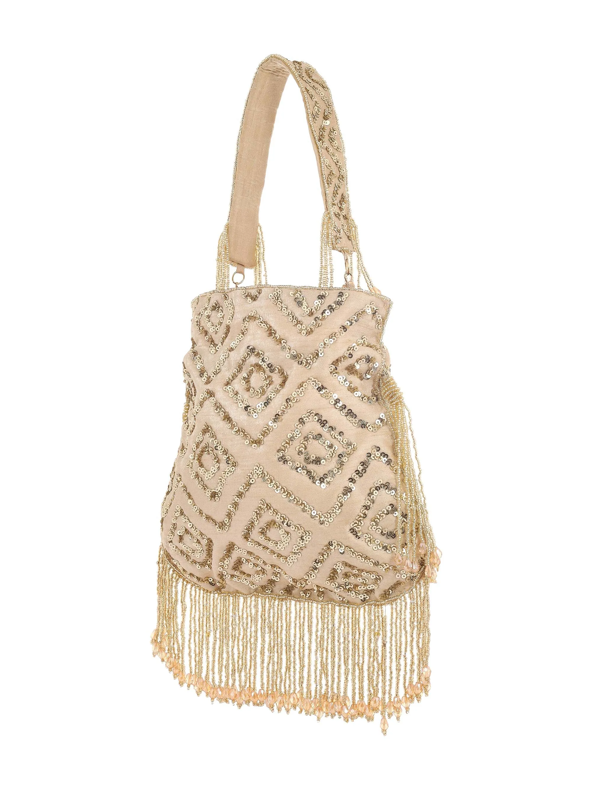 Beige Rhombus Sparkle Potli With Crystal Tassels