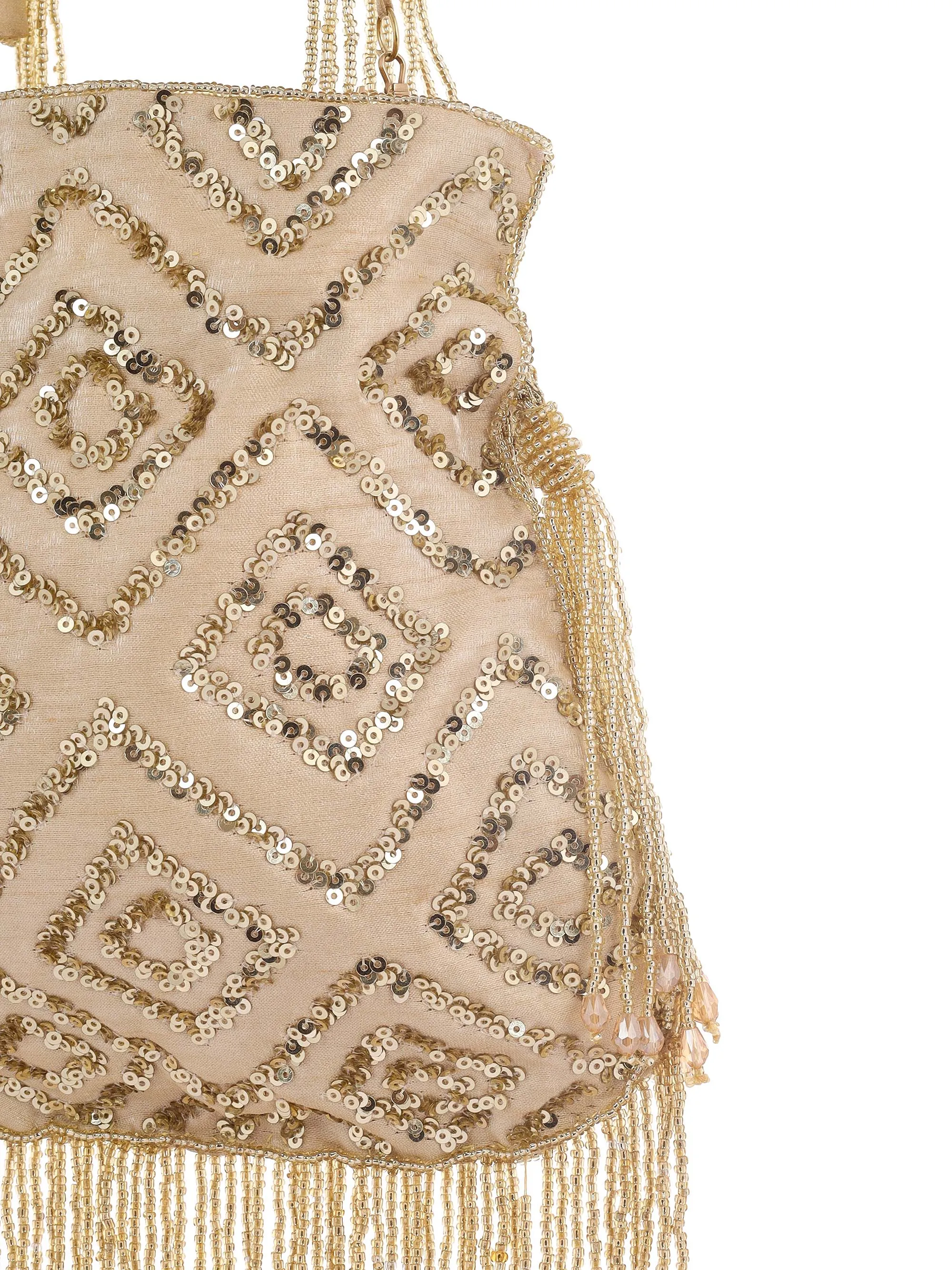 Beige Rhombus Sparkle Potli With Crystal Tassels