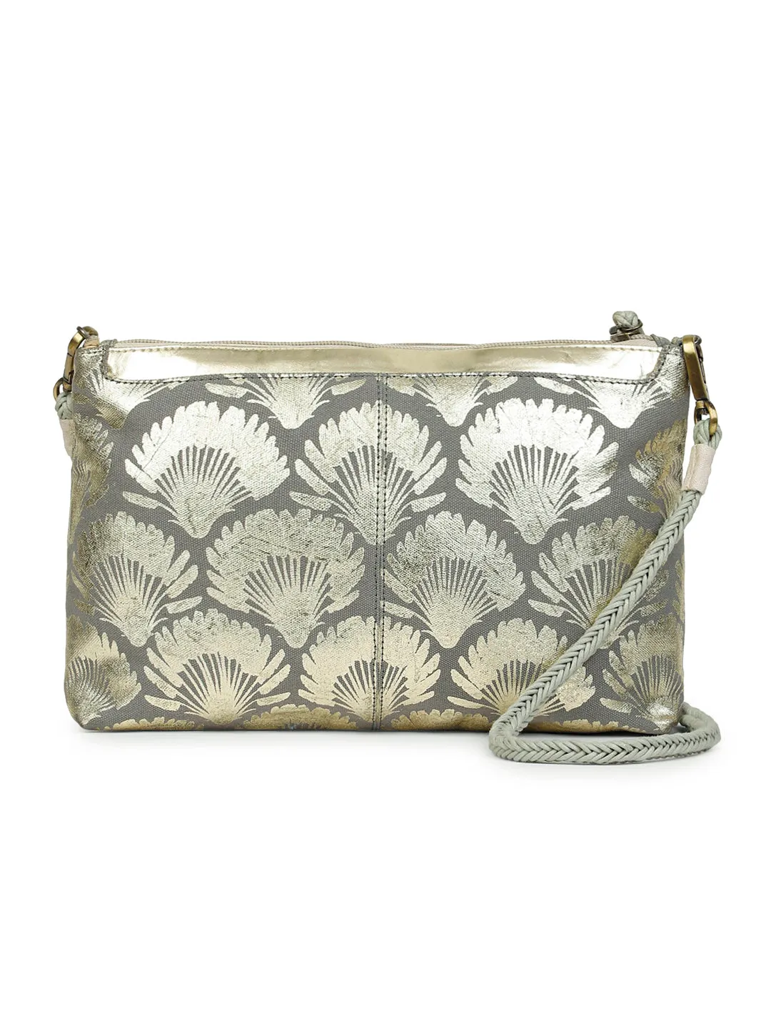 Berrylush Women Grey & Silver Floral Printed Canvas Detachable Sling Strap Small Clutch/Sling Bag