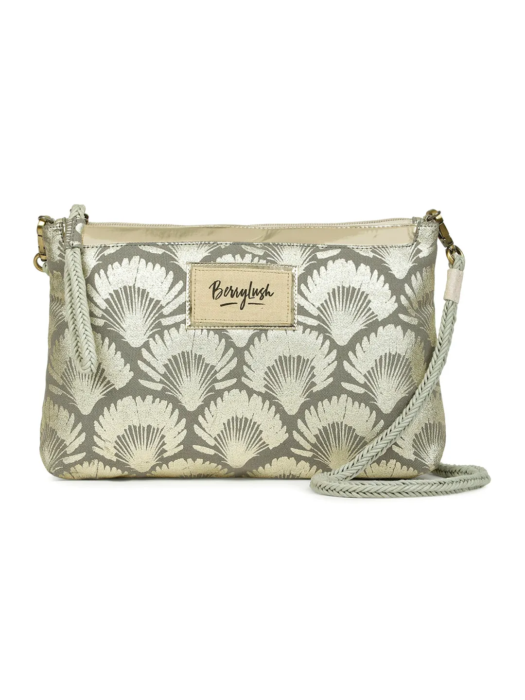 Berrylush Women Grey & Silver Floral Printed Canvas Detachable Sling Strap Small Clutch/Sling Bag