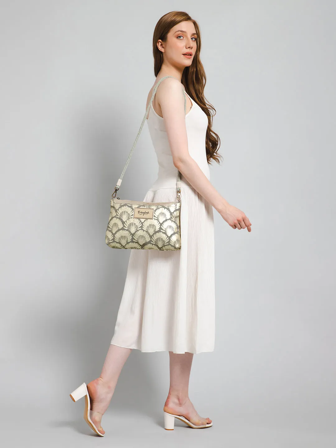 Berrylush Women Grey & Silver Floral Printed Canvas Detachable Sling Strap Small Clutch/Sling Bag