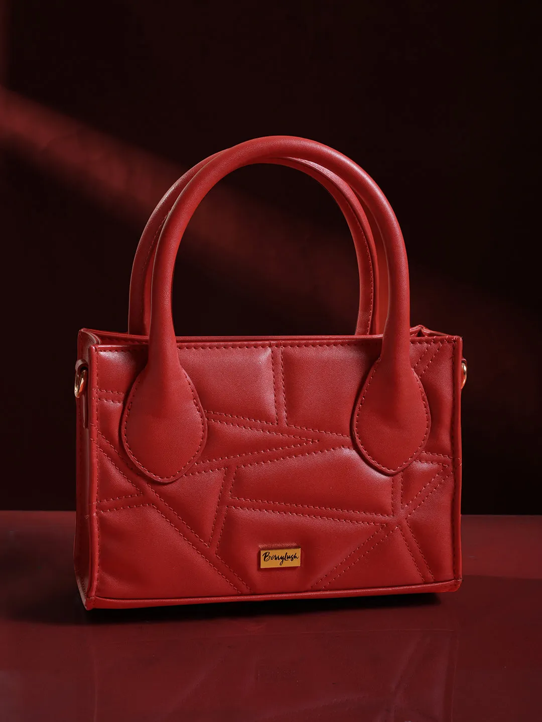 Berrylush Women Red Textured Pattern Synthetic Leather Detachable Sling Strap Zipper-Up Quilted Handheld Bag