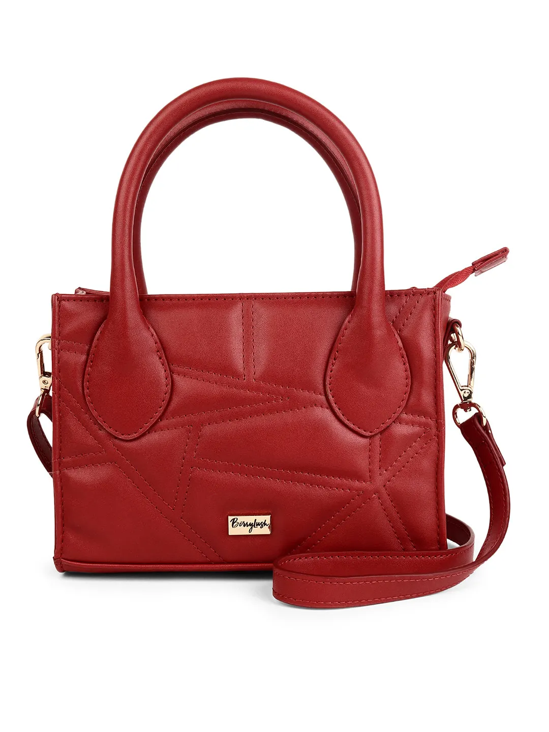 Berrylush Women Red Textured Pattern Synthetic Leather Detachable Sling Strap Zipper-Up Quilted Handheld Bag