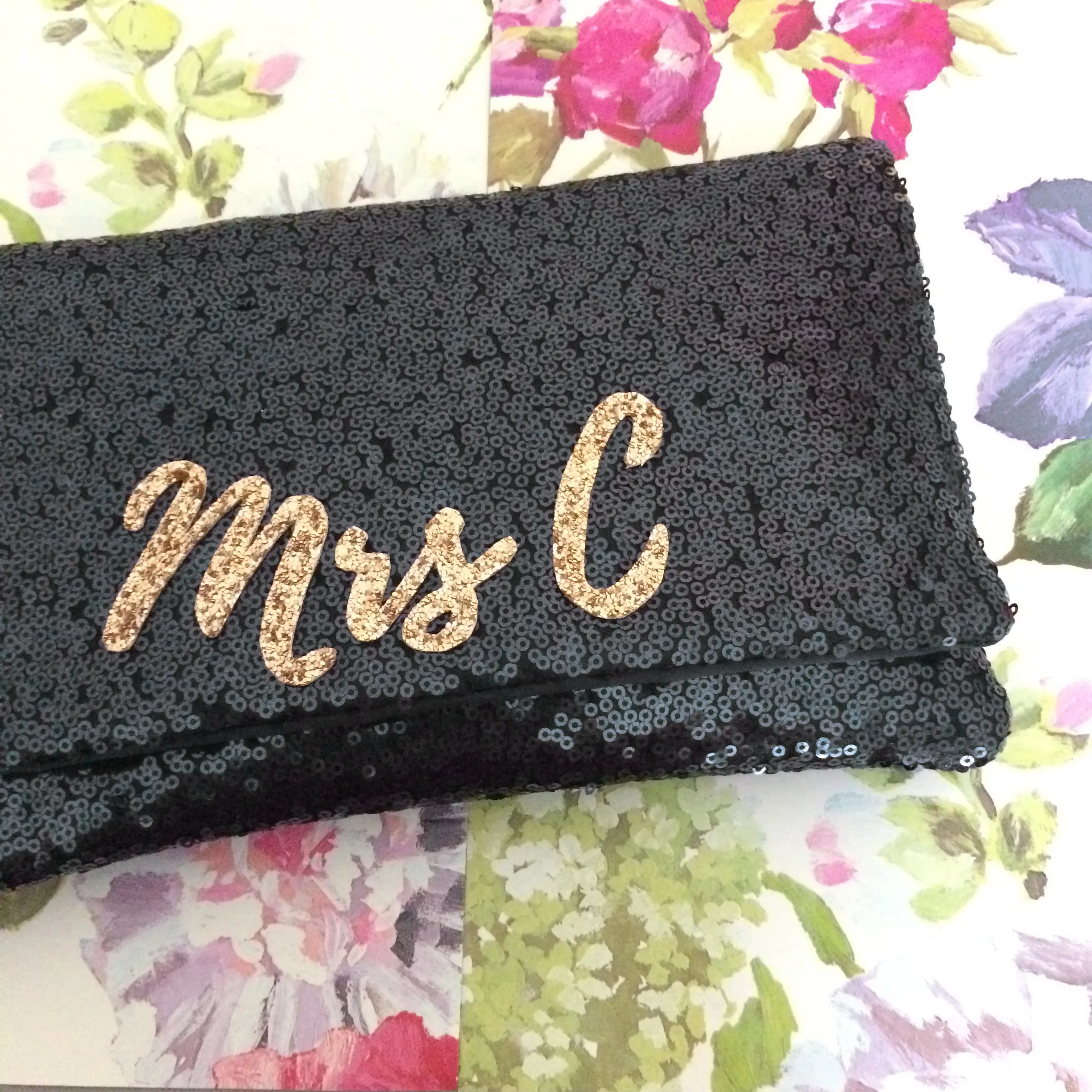 Black sequin personalised MRS initial clutch