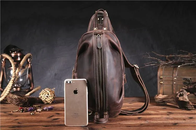 Brown Leather Chest Bag Mens Sling Bag Travel Leather Crossbody Backpacks Cool Crossbody Sling Bag