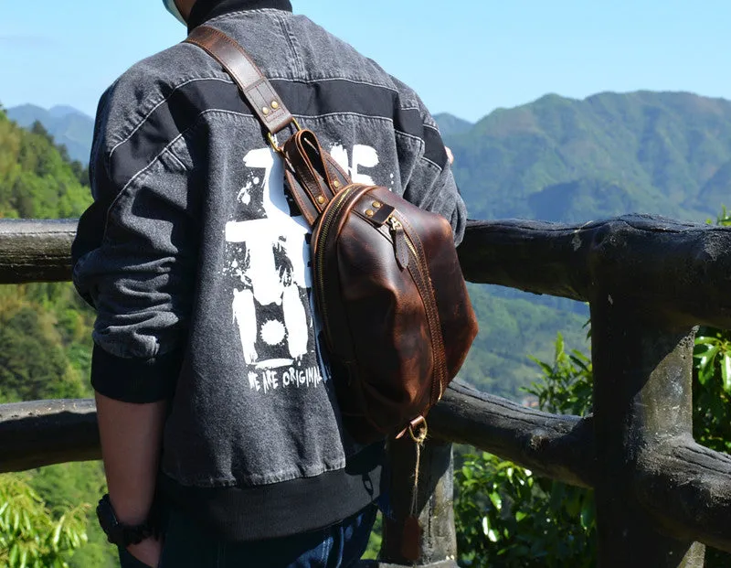 Brown Leather Chest Bag Mens Sling Bag Travel Leather Crossbody Backpacks Cool Crossbody Sling Bag