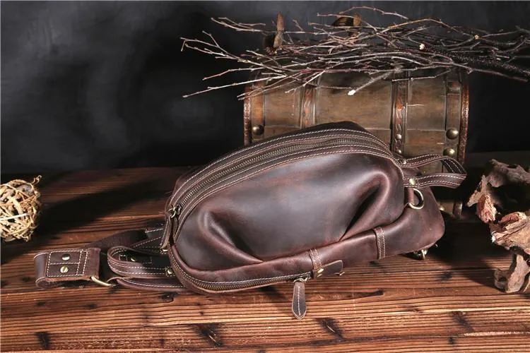 Brown Leather Chest Bag Mens Sling Bag Travel Leather Crossbody Backpacks Cool Crossbody Sling Bag