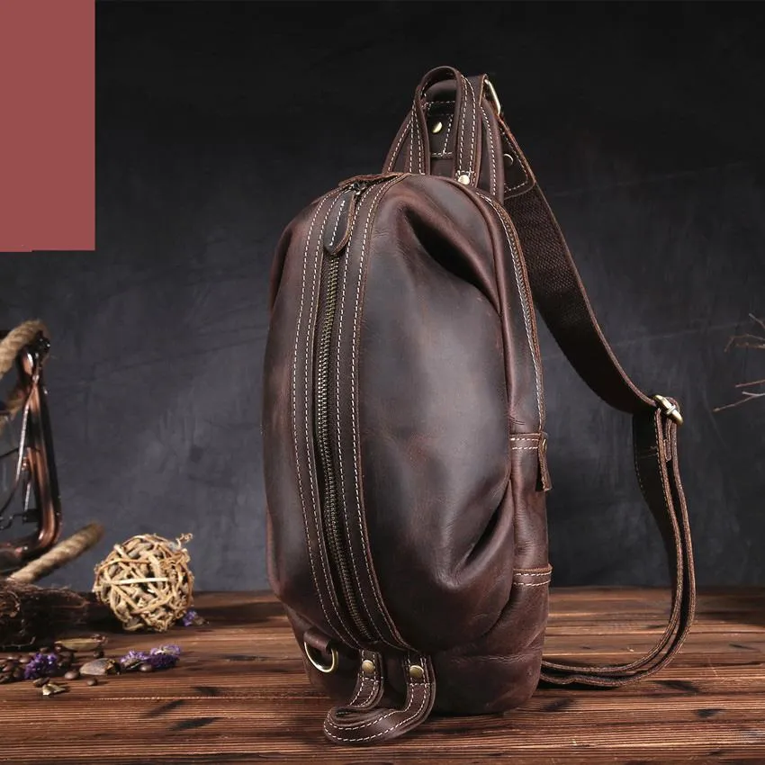 Brown Leather Chest Bag Mens Sling Bag Travel Leather Crossbody Backpacks Cool Crossbody Sling Bag