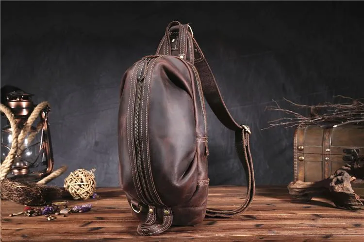 Brown Leather Chest Bag Mens Sling Bag Travel Leather Crossbody Backpacks Cool Crossbody Sling Bag