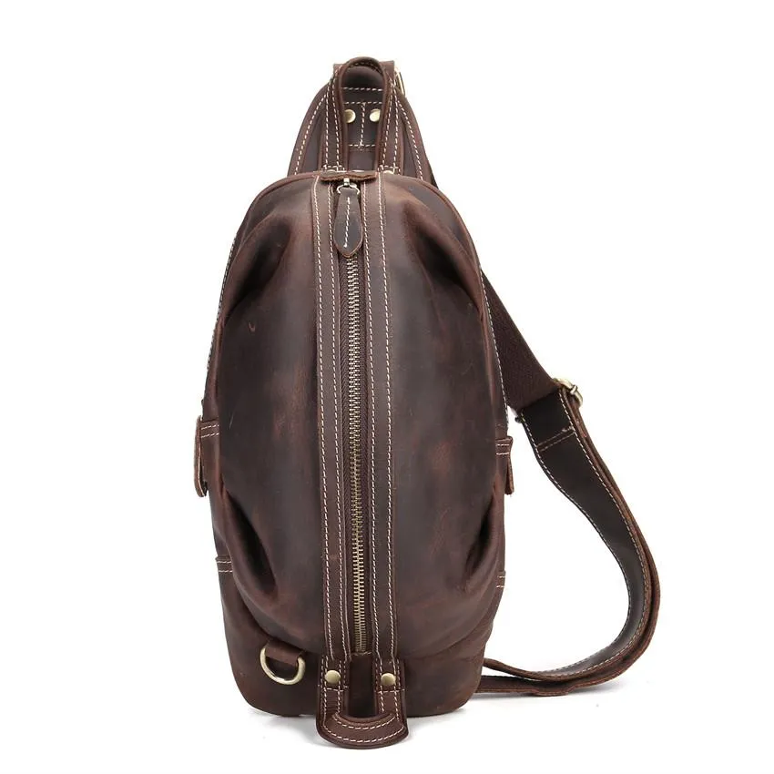 Brown Leather Chest Bag Mens Sling Bag Travel Leather Crossbody Backpacks Cool Crossbody Sling Bag