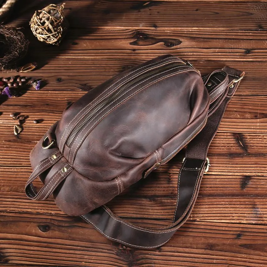 Brown Leather Chest Bag Mens Sling Bag Travel Leather Crossbody Backpacks Cool Crossbody Sling Bag