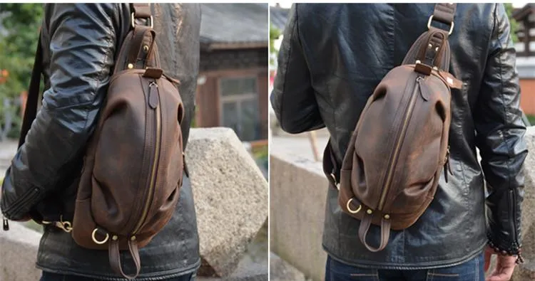Brown Leather Chest Bag Mens Sling Bag Travel Leather Crossbody Backpacks Cool Crossbody Sling Bag