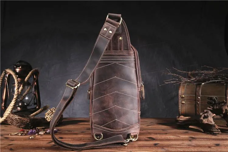 Brown Leather Chest Bag Mens Sling Bag Travel Leather Crossbody Backpacks Cool Crossbody Sling Bag