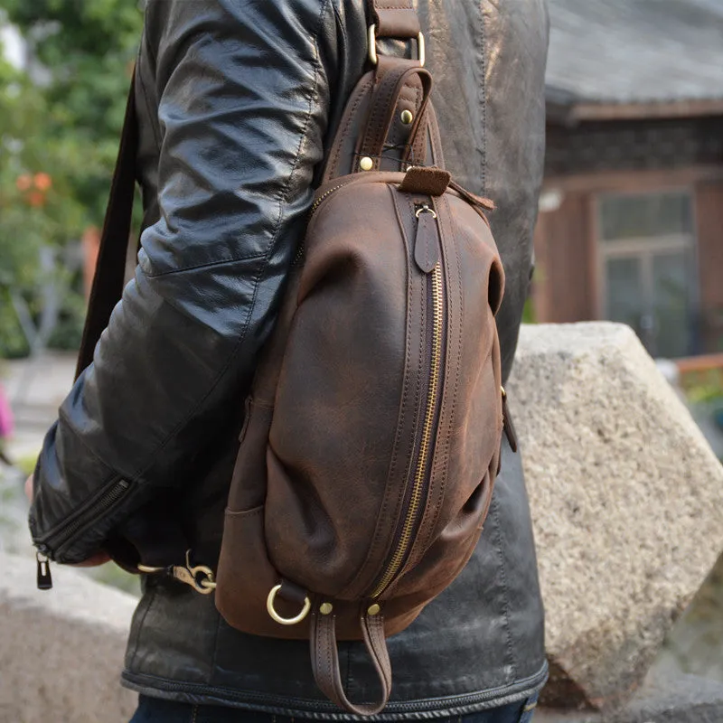 Brown Leather Chest Bag Mens Sling Bag Travel Leather Crossbody Backpacks Cool Crossbody Sling Bag