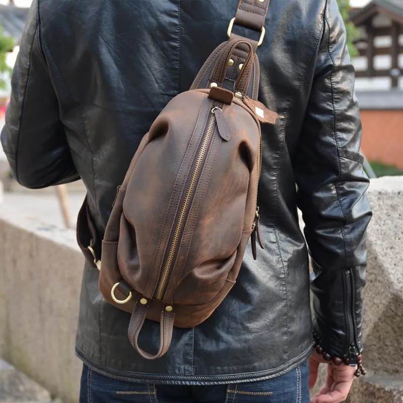 Brown Leather Chest Bag Mens Sling Bag Travel Leather Crossbody Backpacks Cool Crossbody Sling Bag
