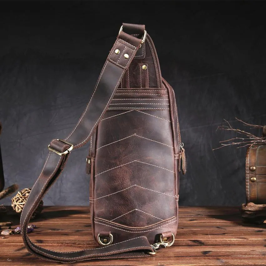 Brown Leather Chest Bag Mens Sling Bag Travel Leather Crossbody Backpacks Cool Crossbody Sling Bag