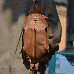 Brown Leather Chest Bag Mens Sling Bag Travel Leather Crossbody Backpacks Cool Crossbody Sling Bag