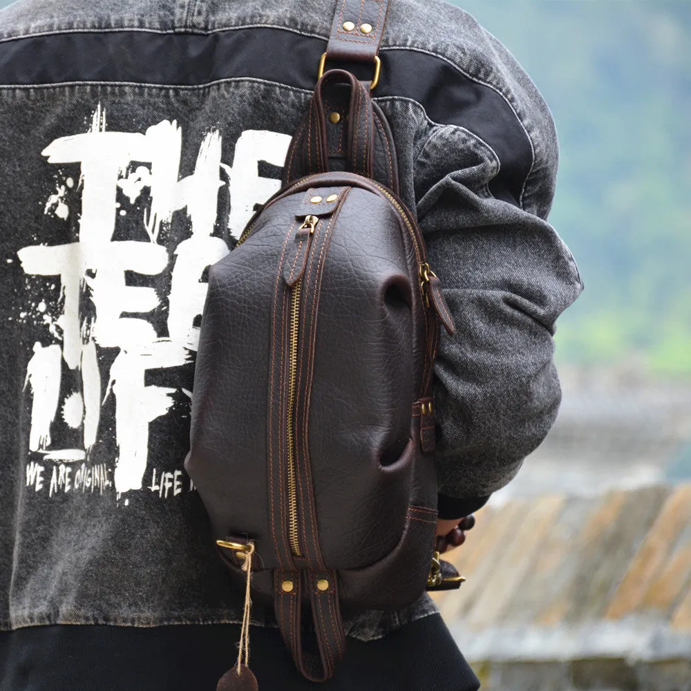 Brown Leather Chest Bag Mens Sling Bag Travel Leather Crossbody Backpacks Cool Crossbody Sling Bag