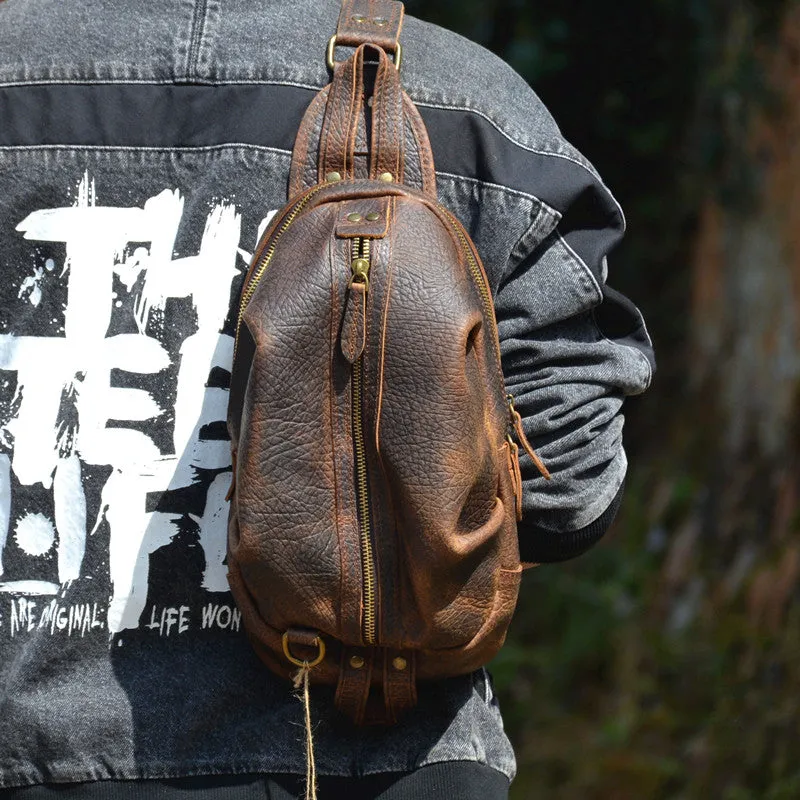 Brown Leather Chest Bag Mens Sling Bag Travel Leather Crossbody Backpacks Cool Crossbody Sling Bag
