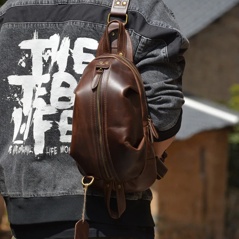 Brown Leather Chest Bag Mens Sling Bag Travel Leather Crossbody Backpacks Cool Crossbody Sling Bag