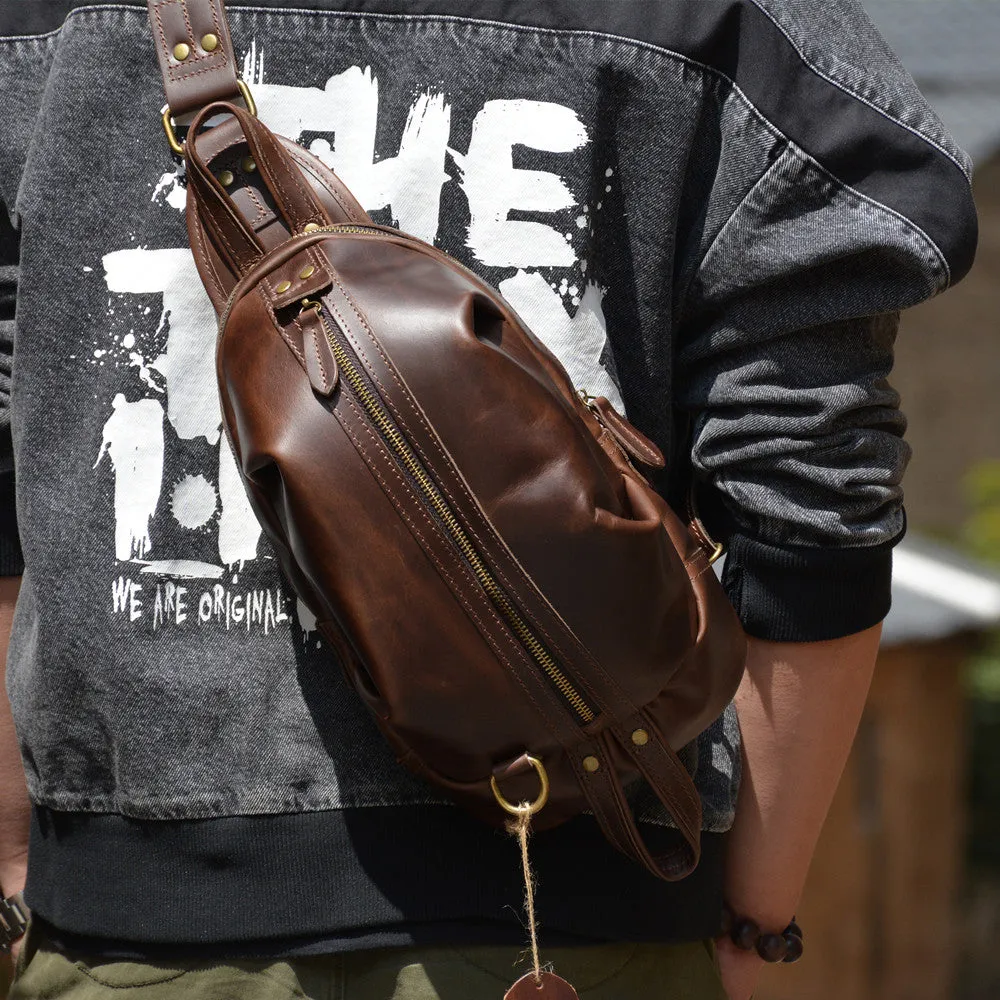 Brown Leather Chest Bag Mens Sling Bag Travel Leather Crossbody Backpacks Cool Crossbody Sling Bag