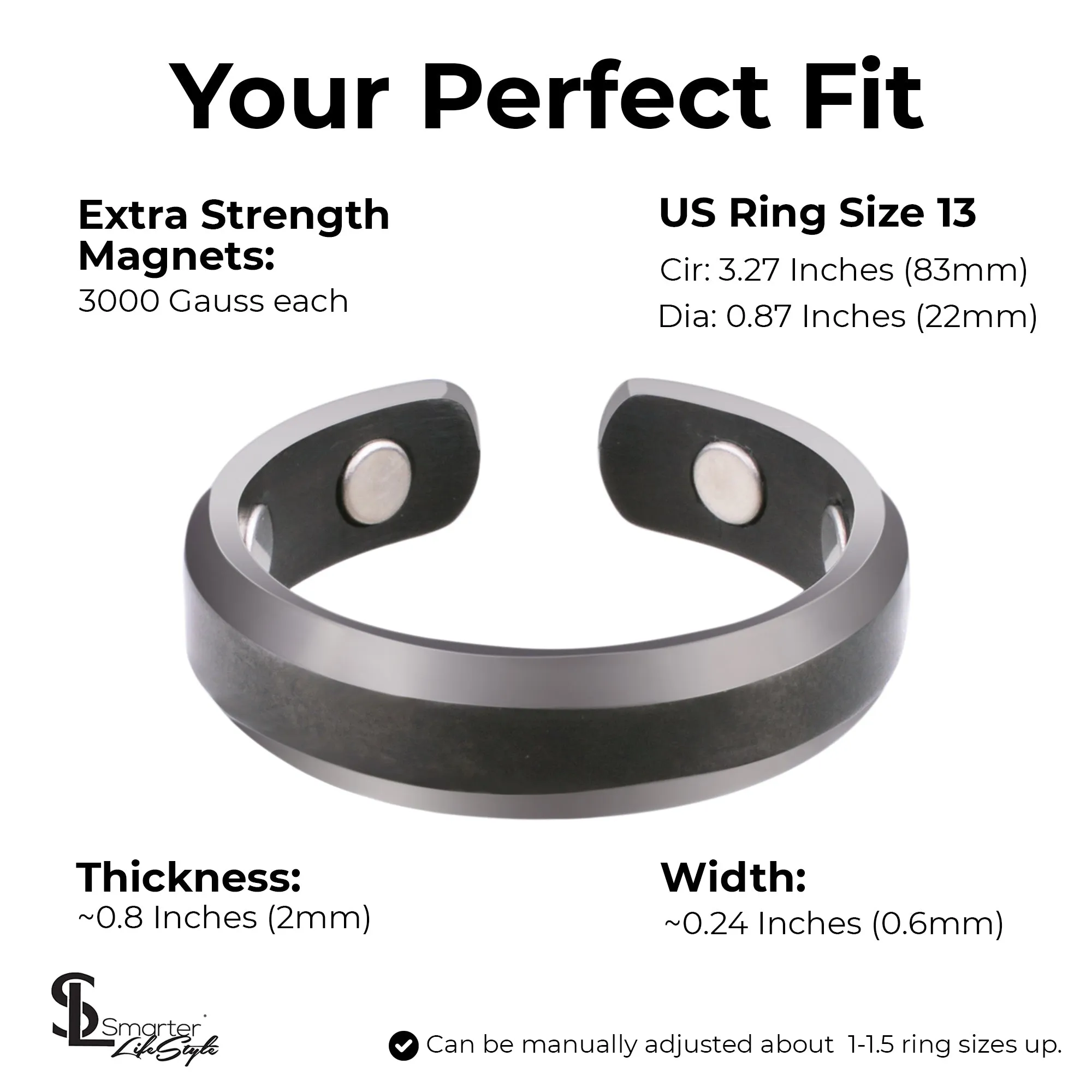 Elegant Titanium Magnetic Therapy Ring Gunmetal Gray, Size 13