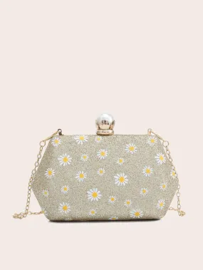 Floral Graphic Glitter Chain Clutch Bag