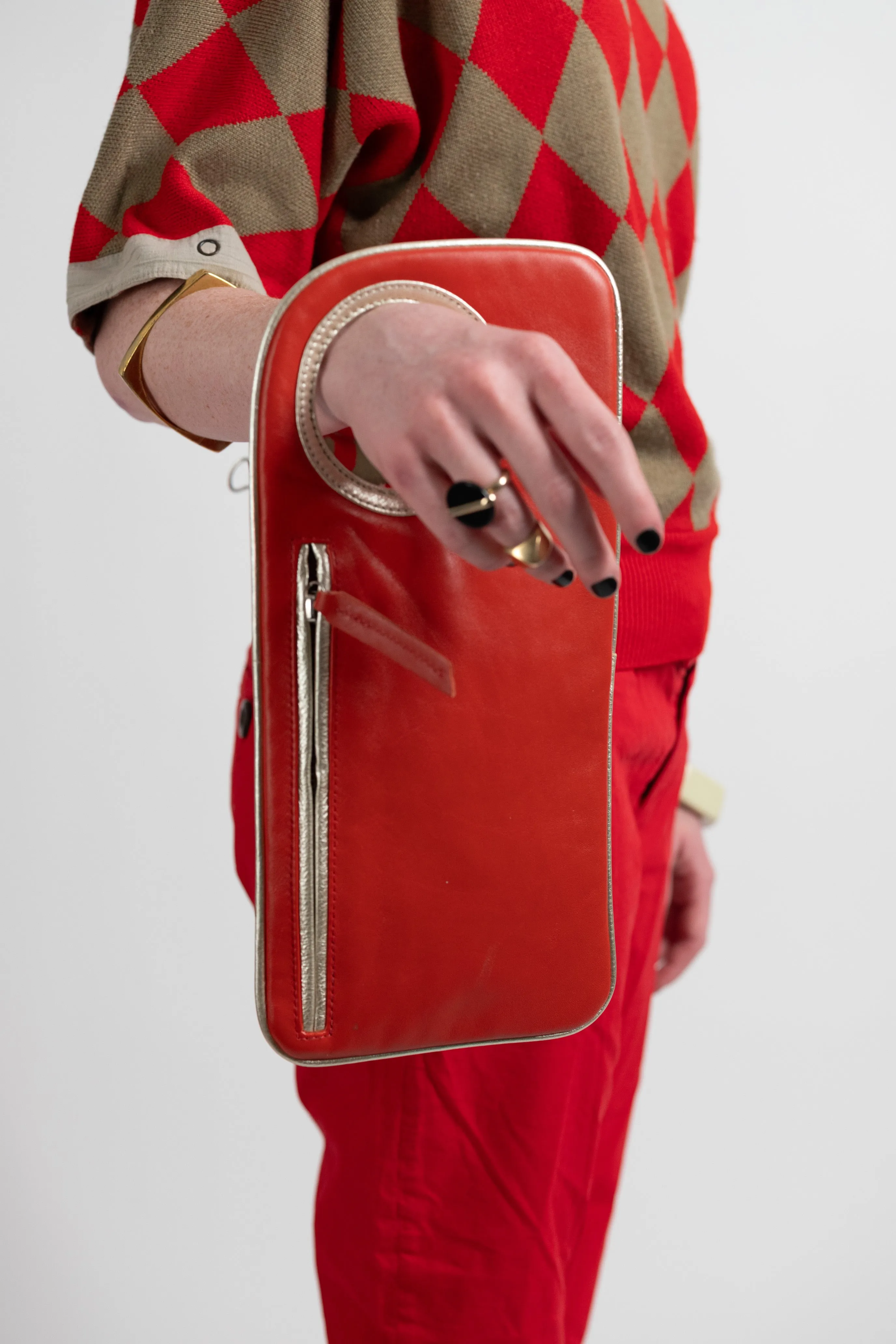 Hands-Free Bracelet Clutch - Medium - Red Leather with Pearl Ring