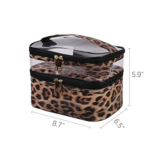 imerelez Double-layer Cosmetic Bag Toiletry Bag Large Travel Makeup Pouch Organizer Bag for Girls Women, Portable Waterproof Foldable (Leopard)­