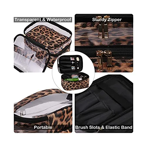 imerelez Double-layer Cosmetic Bag Toiletry Bag Large Travel Makeup Pouch Organizer Bag for Girls Women, Portable Waterproof Foldable (Leopard)­