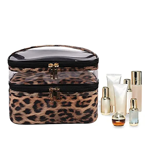 imerelez Double-layer Cosmetic Bag Toiletry Bag Large Travel Makeup Pouch Organizer Bag for Girls Women, Portable Waterproof Foldable (Leopard)­