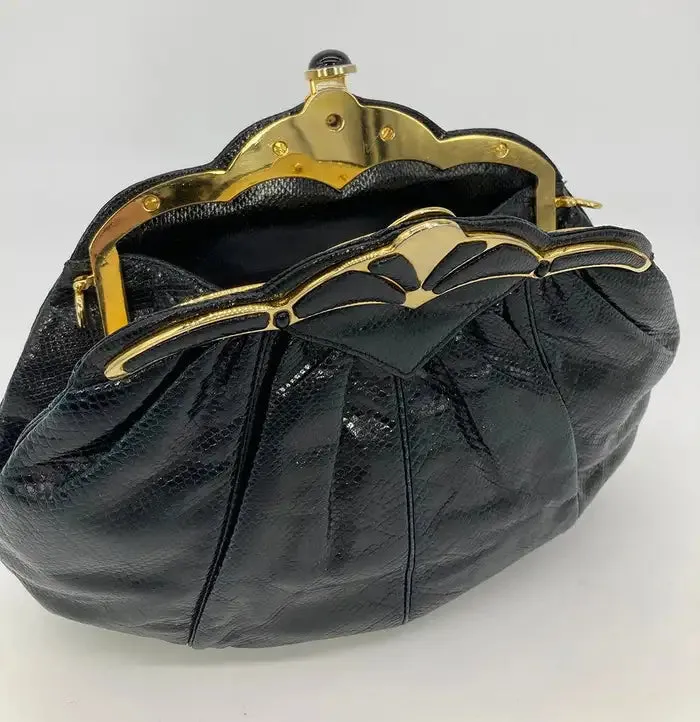Judith Leiber Black Lizard Gold Scallop Top Clutch