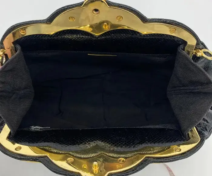 Judith Leiber Black Lizard Gold Scallop Top Clutch