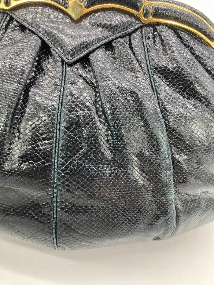 Judith Leiber Black Lizard Gold Scallop Top Clutch
