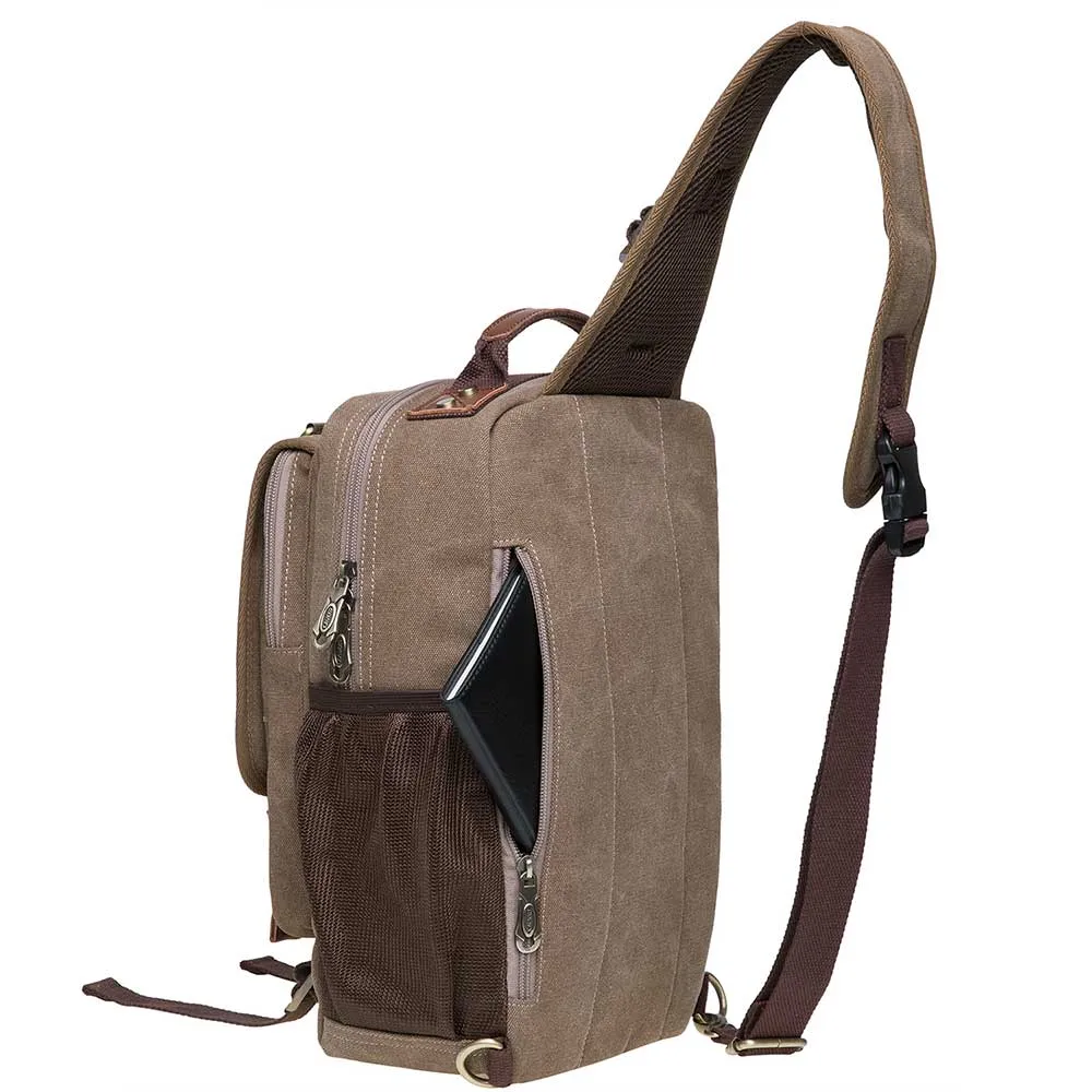 KAUKKO Canvas Crossbody Sling Bag Backpack for Cycling, Hiking, Camping, and Commuting, FD252-3 ( Khaki )