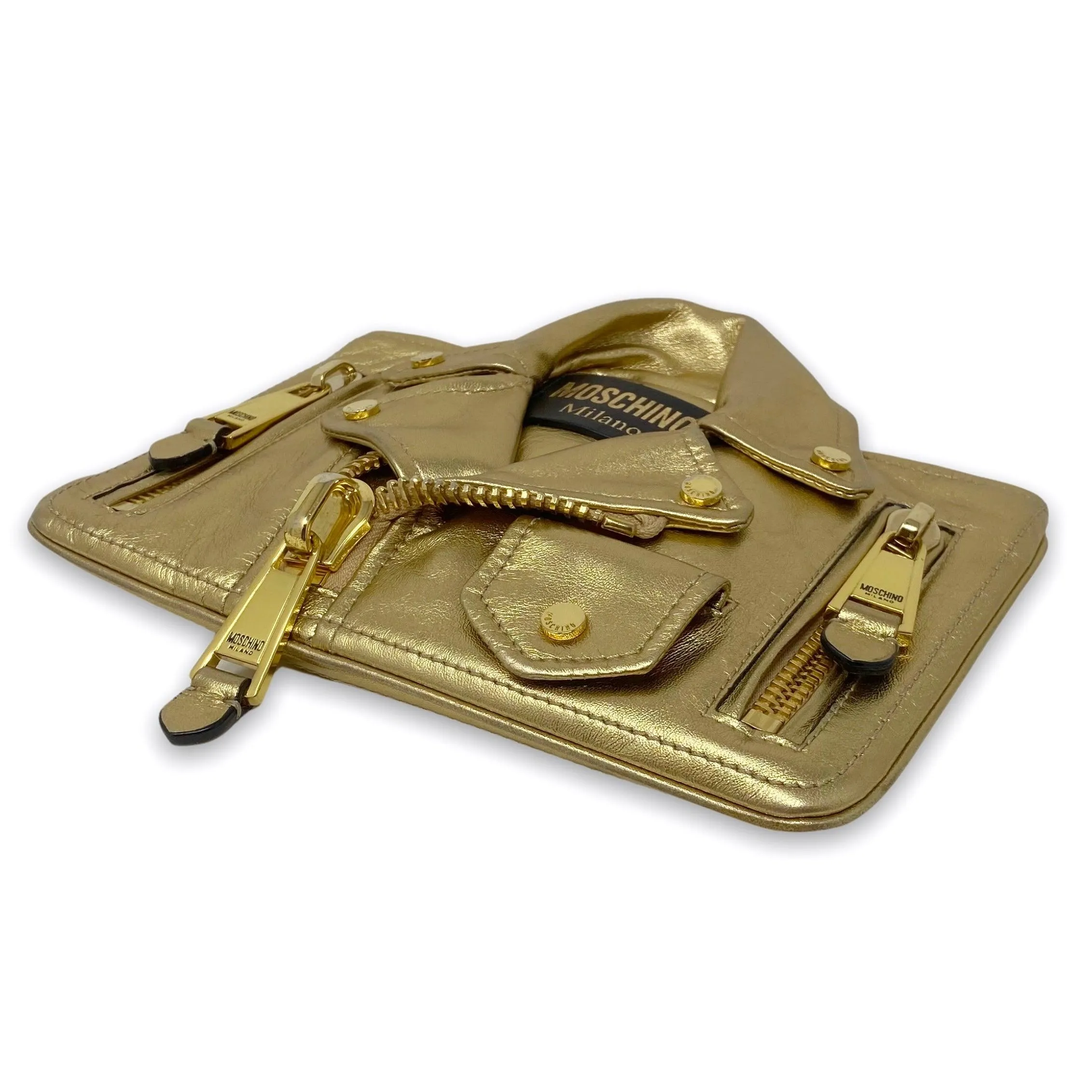 Moschino Metallic Gold Biker Jacket Clutch