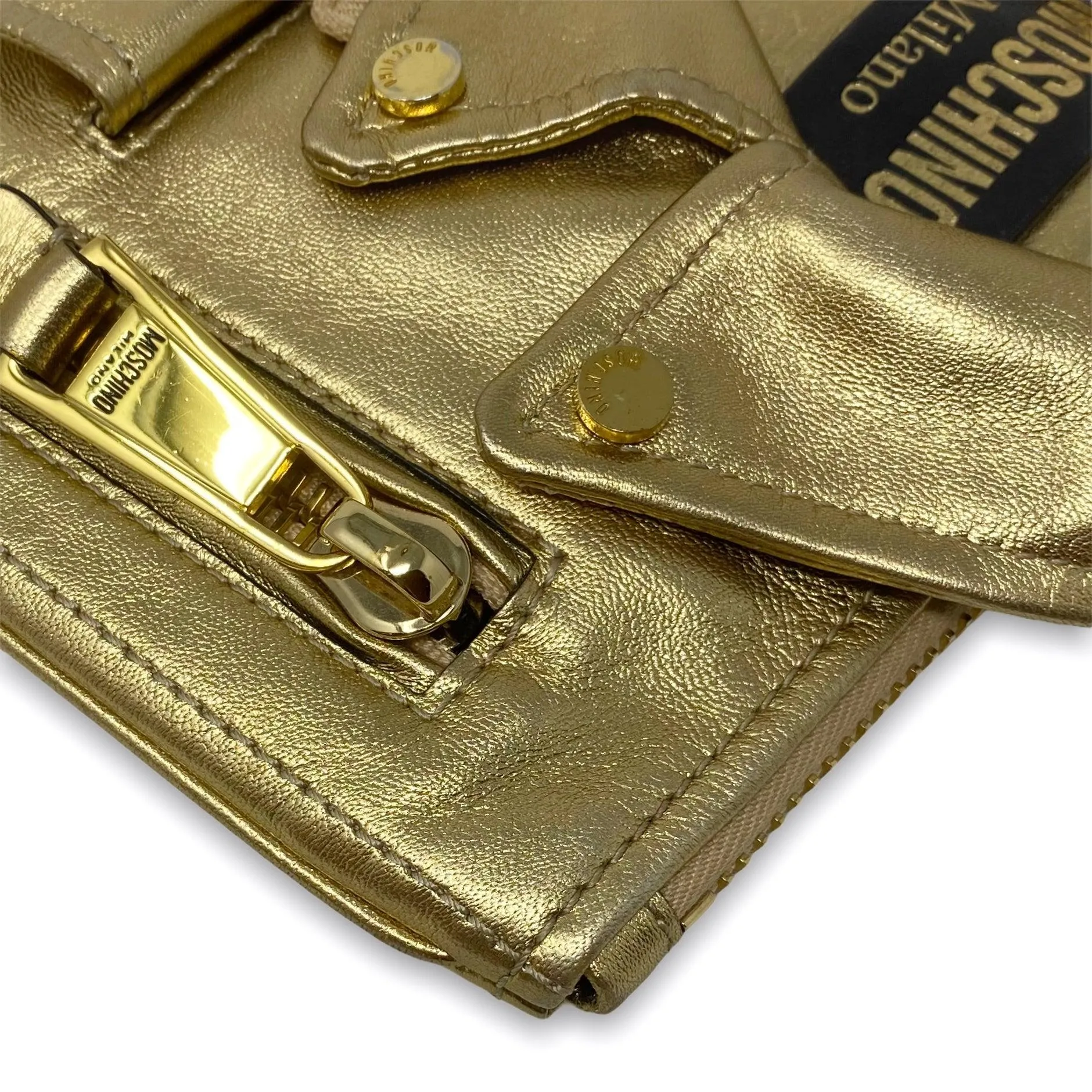 Moschino Metallic Gold Biker Jacket Clutch