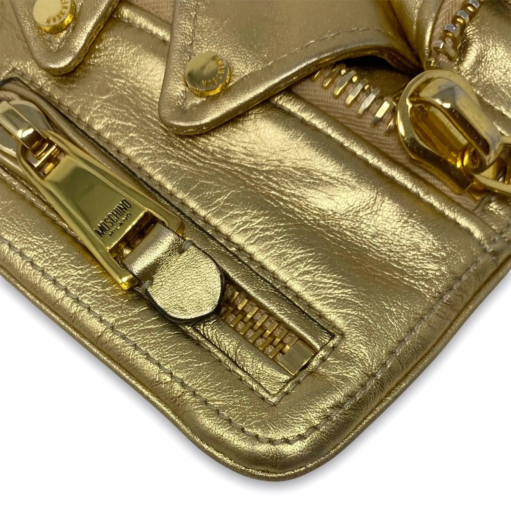 Moschino Metallic Gold Biker Jacket Clutch