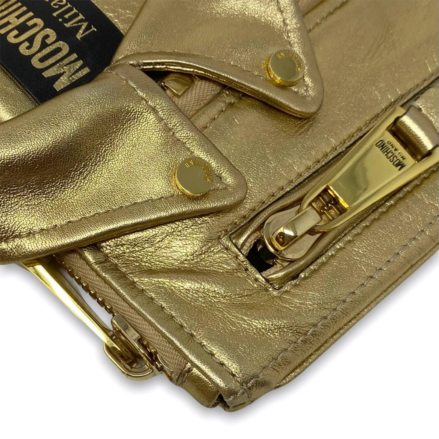 Moschino Metallic Gold Biker Jacket Clutch