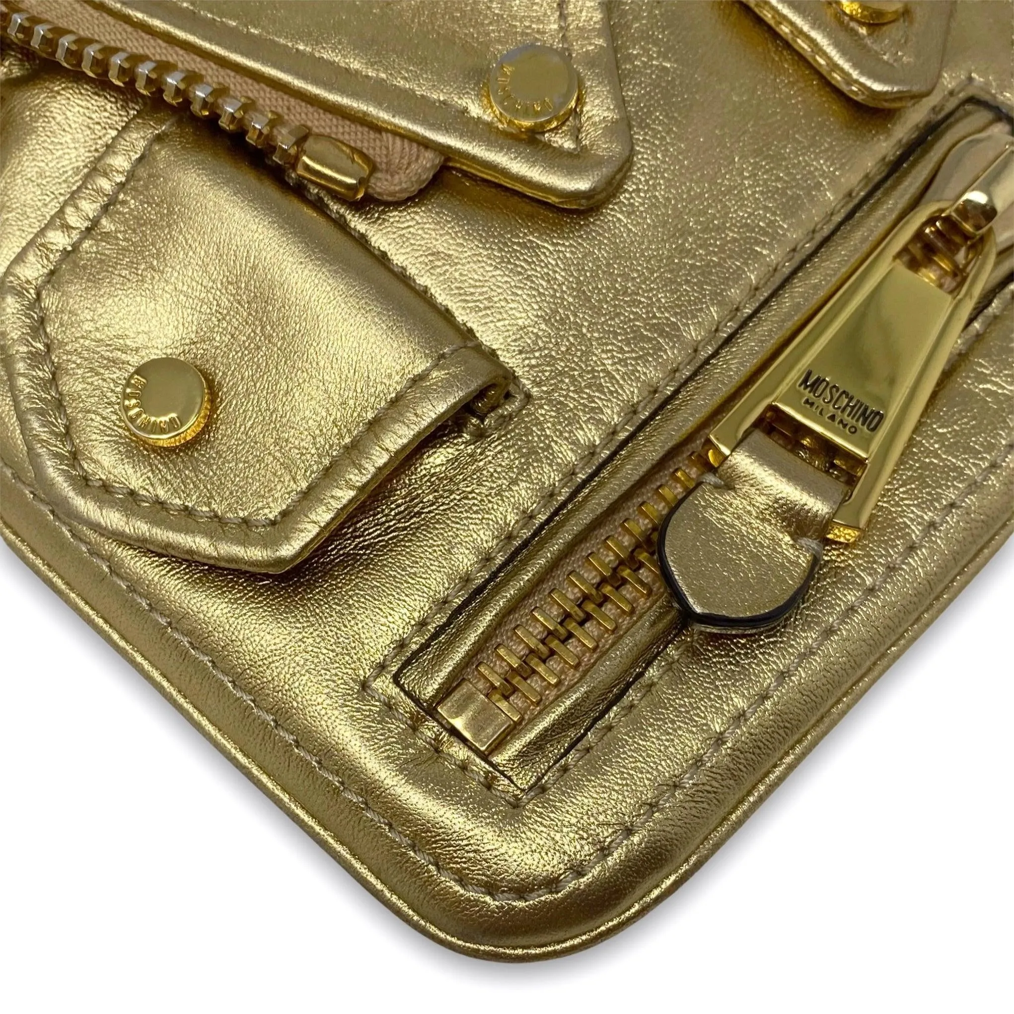 Moschino Metallic Gold Biker Jacket Clutch