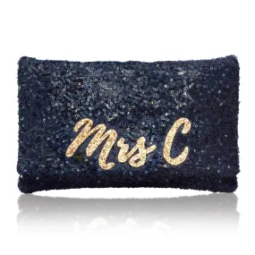 Navy sequin personalised MRS initial clutch