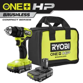 Open Box -  RYOBI ONE  HP 18V Brushless Cordless Compact 1/2 in. Drill/Driver Kit with (2) 1.5 Ah Batteries, Charger and Bag
