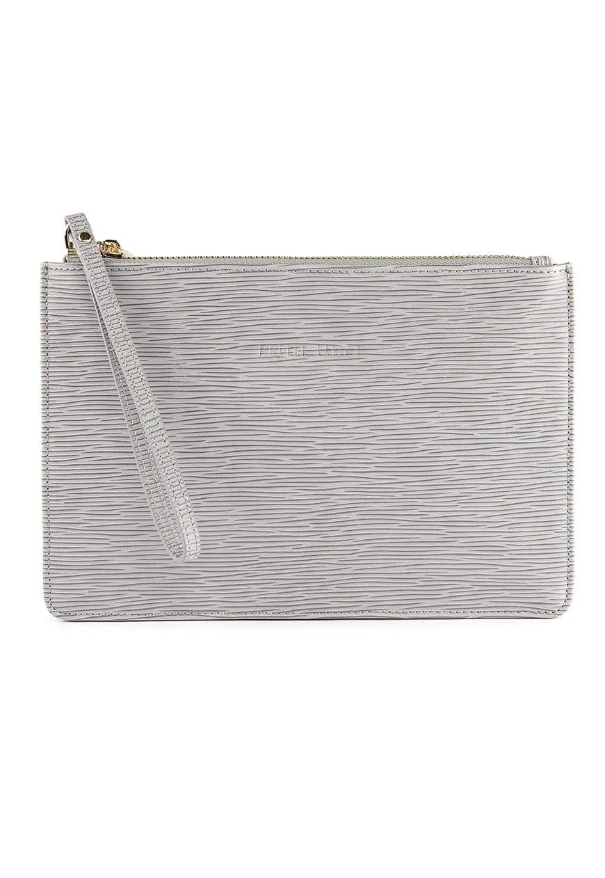 Outlet Ribbed Leather Clutch Bag - Grey